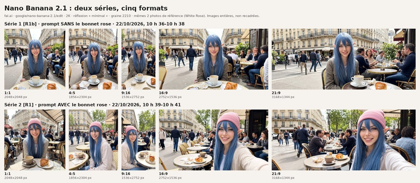 Planche de dix photos de White Rose, cheveux bleus et oreilles d'elfe, à une terrasse de café parisienne. Rangée du haut (série 1) : dans les cinq formats, elle est assise face à l'objectif, en veste kaki, une tasse blanche et un croissant devant elle ; les formats larges montrent simplement plus de rue. Rangée du bas (série 2) : bonnet rose et pull clair ; assise derrière sa table face à l'objectif en 1:1, assise à côté de la table en 4:5 et 9:16, puis en selfie bras tendu en 16:9 et 21:9.
