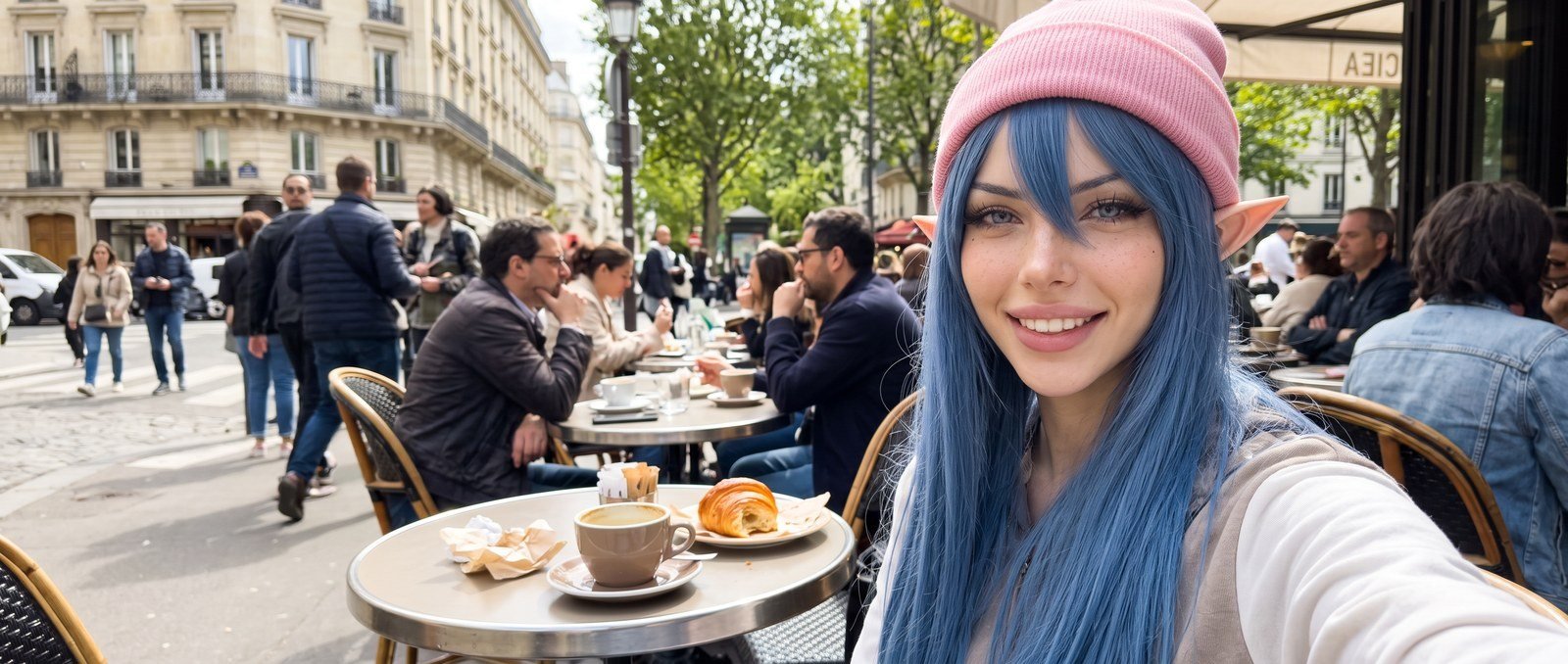 Format 21:9, série 2 : White Rose en selfie, tout à droite de l'image ; le haut de son bonnet rose touche le bord supérieur et son épaule sort du cadre ; à gauche, une large vue de la rue et des tables.