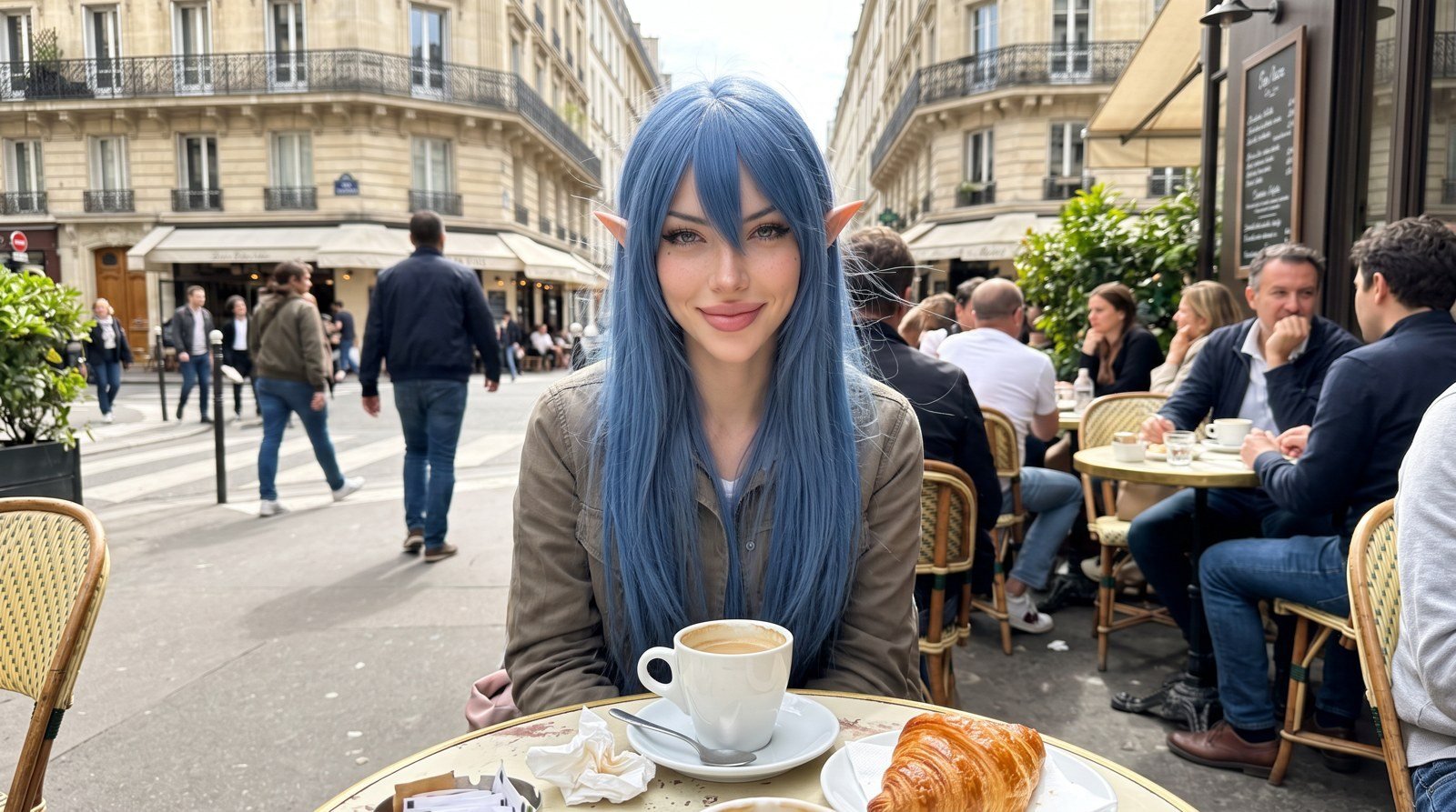 Format 16:9, série 1 : White Rose sans bonnet, en veste kaki, assise au centre face à l'objectif, tasse blanche et croissant au premier plan, la rue et les autres tables derrière elle.